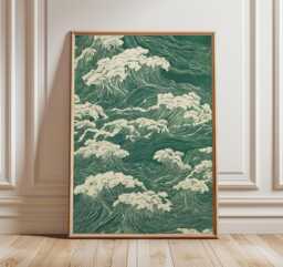 Mount Fuji Poster, Green Japanese Linework Art Print, Cloud Landscape Wall - thumbnail 1