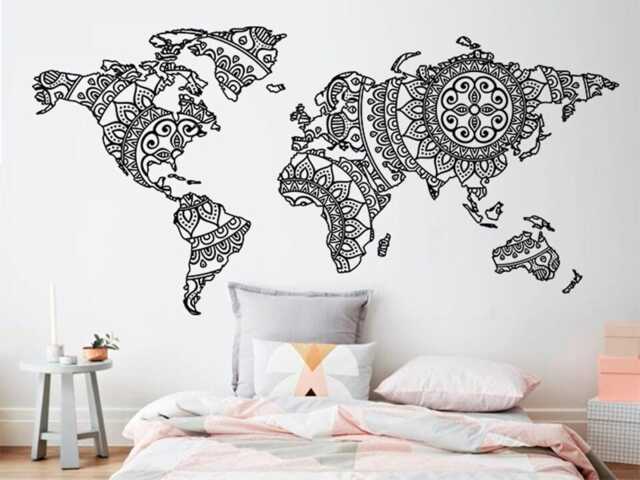 Mandala World Map Wall Decal - Boho Tattoo For Meditation Yoga Sticker Zen Art Indian Decor - image 1