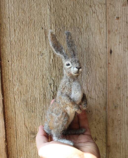 Needle Felted Hare Sculpture Wool Bunny, Forest Animal Decor - image 1