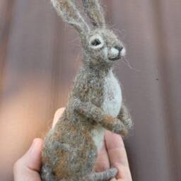 Needle Felted Hare Sculpture Wool Bunny, Forest Animal Decor - thumbnail 2