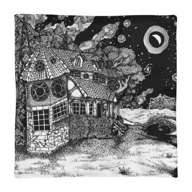 Along The Path To Tower Square Pillow Case Only. Illustration Print. Abandoned Countryside House Outdoors Fantasy Landscape. Explore - image 1