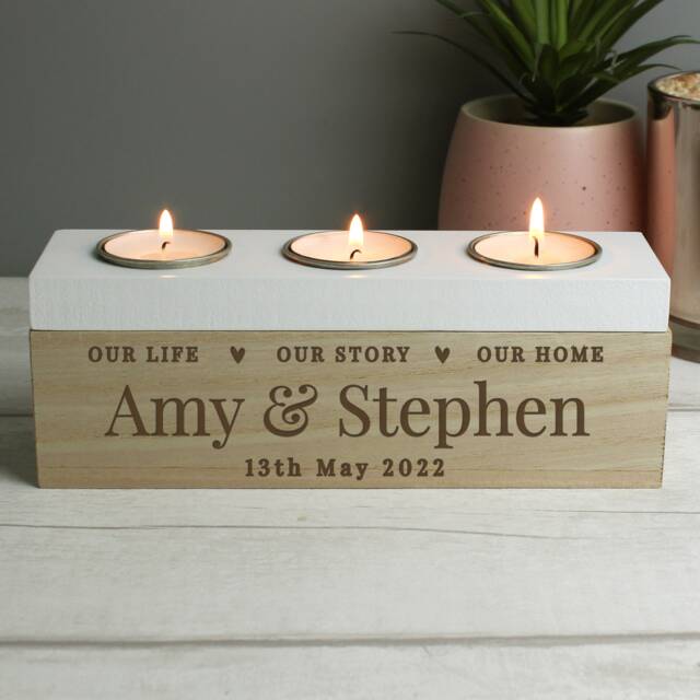 Personalised Triple Tealight Box - Our Life Story & Home Tea Light Tealight Box New Home Gift Couple - image 1