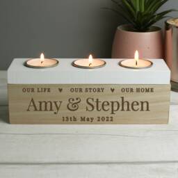 Personalised Triple Tealight Box - Our Life Story & Home Tea Light Tealight Box New Home Gift Couple - thumbnail 1