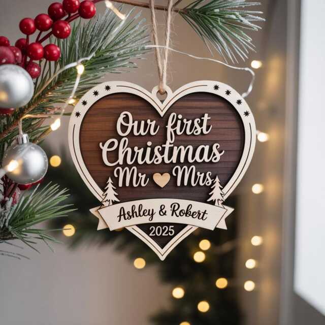 Our First Christmas Married Ornament 2025, Personalized Mr & Mrs Wooden Heart Ornament, Newlywed Gift, Custom Couple Decoration - image 1