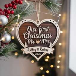 Our First Christmas Married Ornament 2025, Personalized Mr & Mrs Wooden Heart Ornament, Newlywed Gift, Custom Couple Decoration - thumbnail 1