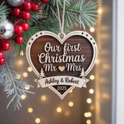 Our First Christmas Married Ornament 2025, Personalized Mr & Mrs Wooden Heart Ornament, Newlywed Gift, Custom Couple Decoration - thumbnail 2