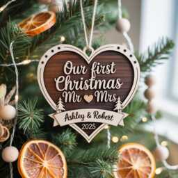 Our First Christmas Married Ornament 2025, Personalized Mr & Mrs Wooden Heart Ornament, Newlywed Gift, Custom Couple Decoration - thumbnail 3