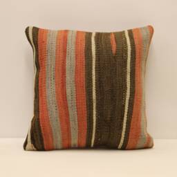 Vintage Turkish Kilim Pillow Cover, Wool Striped Cushion - 16x16 In - thumbnail 1