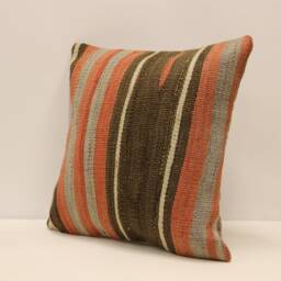 Vintage Turkish Kilim Pillow Cover, Wool Striped Cushion - 16x16 In - thumbnail 3