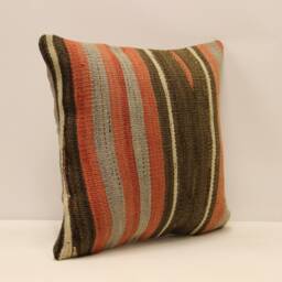 Vintage Turkish Kilim Pillow Cover, Wool Striped Cushion - 16x16 In - thumbnail 2