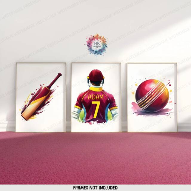 Personalised Cricket Print - Set Of 3 Posters - Boys Bedroom Decor Kids Room Wall Art Burgundy Cricketer Artwork Custom Teen Gifts - image 1
