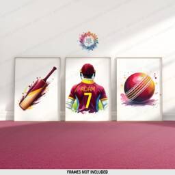 Personalised Cricket Print - Set Of 3 Posters - Boys Bedroom Decor Kids Room Wall Art Burgundy Cricketer Artwork Custom Teen Gifts