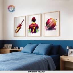 Personalised Cricket Print - Set Of 3 Posters - Boys Bedroom Decor Kids Room Wall Art Burgundy Cricketer Artwork Custom Teen Gifts - thumbnail 2