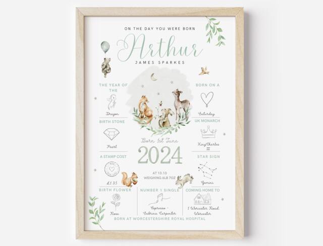 Woodland On The Day You Were Born Personalised Baby Keepsake Print - New Boy Girl Unisex Gift Birth Details Christening - image 1