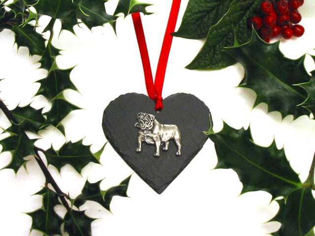 English Bulldog Slate Heart Ornament, Dog Christmas Decoration, Holiday Decor - image 1