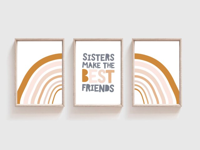 Set Of 3 Sister Prints, Girls Bedroom Wall Art, Quote, Boho Rainbow, Playroom Shared - image 1