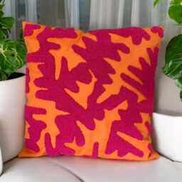 Hand Tufted Punch Needle Pillow Cover Pink On Orange Psychedelic Cushion - thumbnail 3