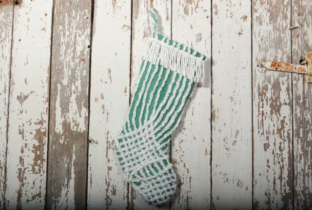 Fluffy Green & White Vintage Chenille Christmas Stocking With Matching Cuff - Wedding Ring, Flower - image 1
