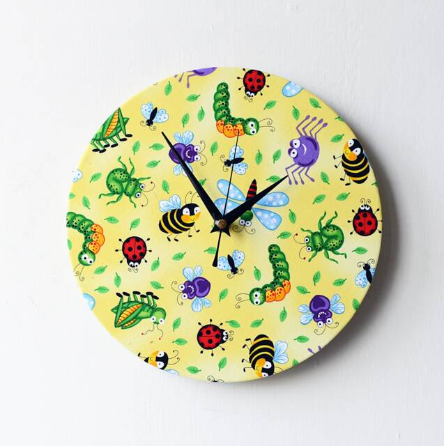 Bees Wall Clock - Decoupage Fabric Yellow Round Caterpillar Spider Ladybird Nursery Children - image 1