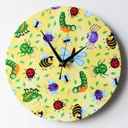 Bees Wall Clock - Decoupage Fabric Yellow Round Caterpillar Spider Ladybird Nursery Children - thumbnail 2