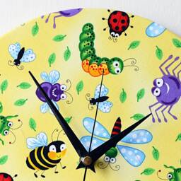 Bees Wall Clock - Decoupage Fabric Yellow Round Caterpillar Spider Ladybird Nursery Children - thumbnail 3