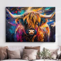 Highland Cow Rainbow Animal Pet Art Abstract Oil Painting Framed Poster Print & Canvas Wall Decor Bedroom Home Interior Gift