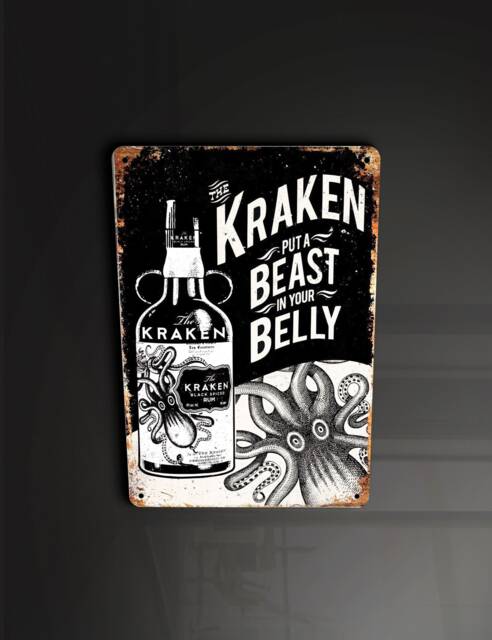Kraken Rum Beast Of The Belly Octopus Squid Pub Beer Bar - Metal Sign Plaque Wall Art Decor Signage