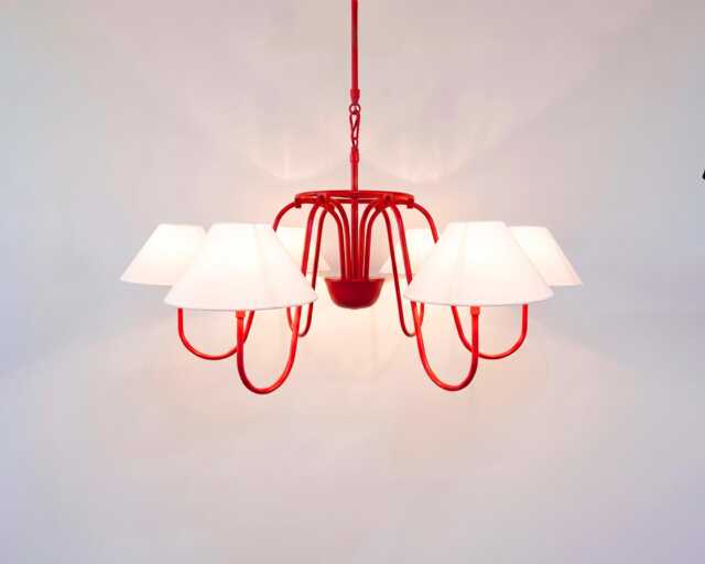 Chandelier Light -Contemporary Matte Red 6 With White Fabric Shade - Artistic Modern Hanging Fixture For Stylish Home Decor - image 1