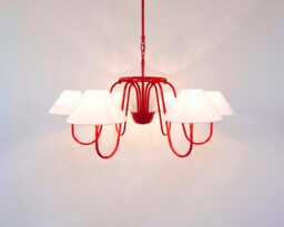 Chandelier Light -Contemporary Matte Red 6 With White Fabric Shade - Artistic Modern Hanging Fixture For Stylish Home Decor