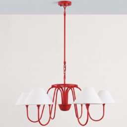 Chandelier Light -Contemporary Matte Red 6 With White Fabric Shade - Artistic Modern Hanging Fixture For Stylish Home Decor - thumbnail 2