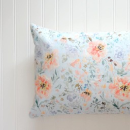 Peach With Pale Blue Pillow Covers, Square Or Lumbar Sizes, Designer Floral Fabric, Watercolor Flowers Accent - thumbnail 2