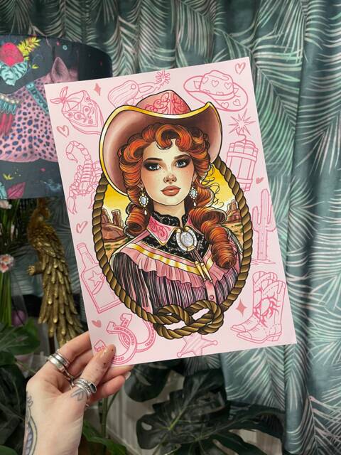 Cowgirl Pin Up Western Wall Art A4 Print - image 1