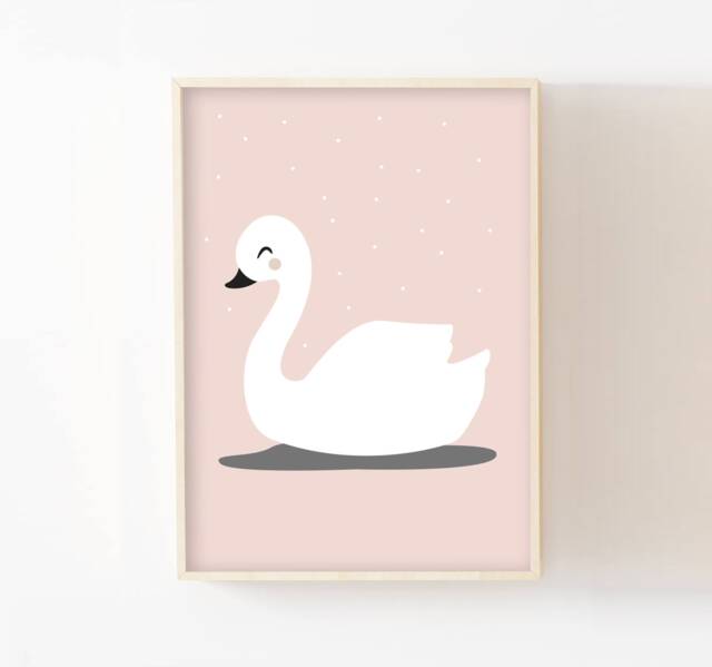 Children's Room Poster, White Swan, Baby Shower Gift, Girl's Decor, Pastel Pink Decorative Animal Poster - image 1
