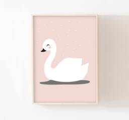 Children's Room Poster, White Swan, Baby Shower Gift, Girl's Decor, Pastel Pink Decorative Animal Poster - thumbnail 1