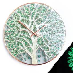 White Tree & Pale Green Leaves With Copper Colour Accents Glass Wall Painted Clock
