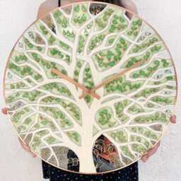 White Tree & Pale Green Leaves With Copper Colour Accents Glass Wall Painted Clock - thumbnail 2