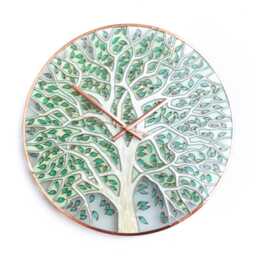 White Tree & Pale Green Leaves With Copper Colour Accents Glass Wall Painted Clock - thumbnail 3