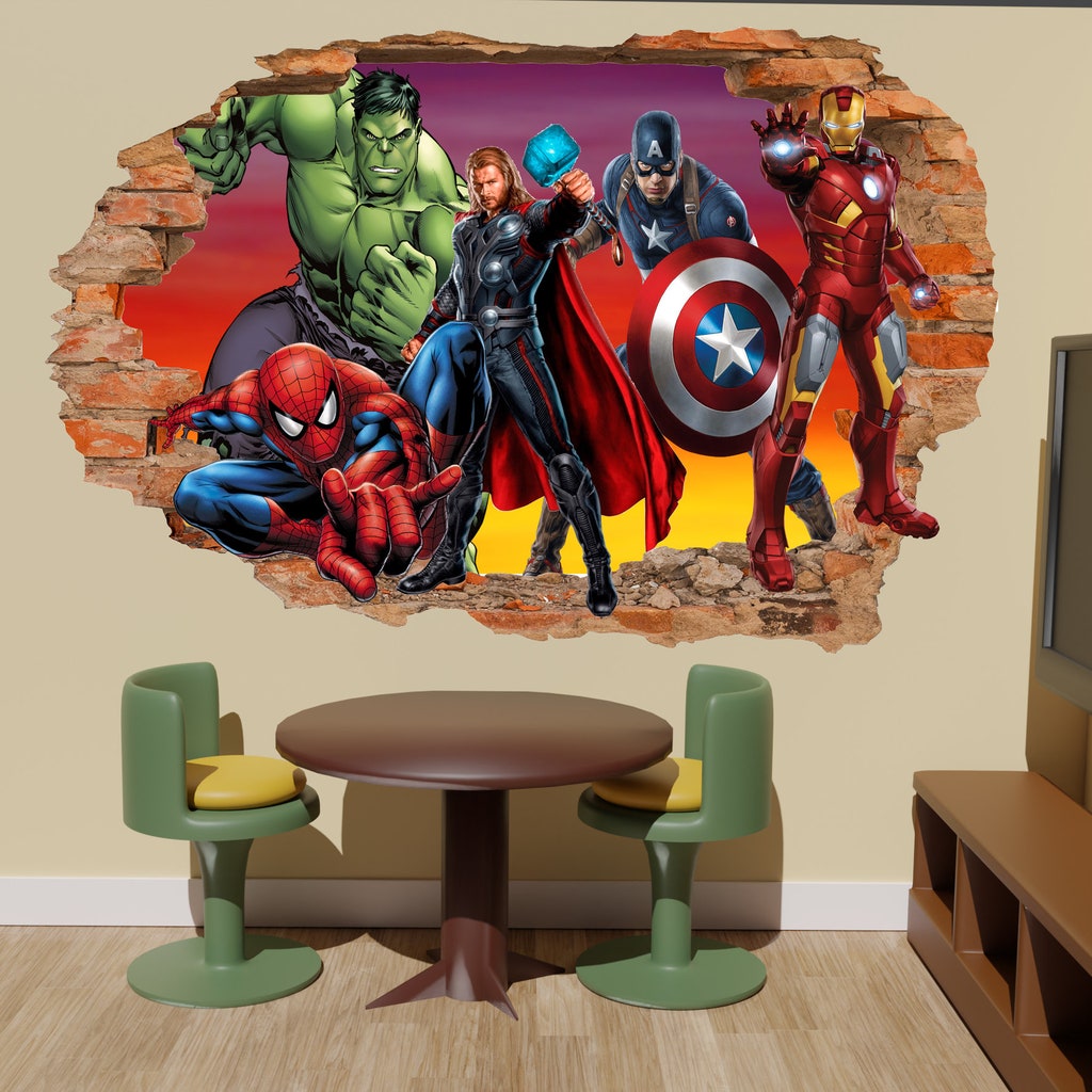 Décal Mural Avengers 3D - Hulk, Spiderman, Captain America - Amovible - Neuf - Décoration Chambre