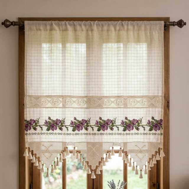 Embroidered Cafe Curtains, Linen Lace Kitchen Curtain Panel, Crochet Tassel Curtain, Floral Farmhouse Drapes, Custom Size Purple Rose - image 1