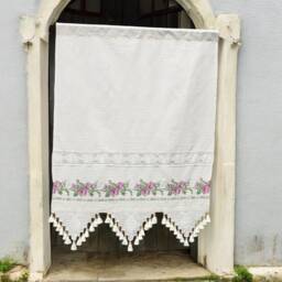 Embroidered Cafe Curtains, Linen Lace Kitchen Curtain Panel, Crochet Tassel Curtain, Floral Farmhouse Drapes, Custom Size Purple Rose - thumbnail 2