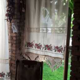 Embroidered Cafe Curtains, Linen Lace Kitchen Curtain Panel, Crochet Tassel Curtain, Floral Farmhouse Drapes, Custom Size Purple Rose - thumbnail 3