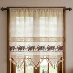 Embroidered Cafe Curtains, Linen Lace Kitchen Curtain Panel, Crochet Tassel Curtain, Floral Farmhouse Drapes, Custom Size Purple Rose