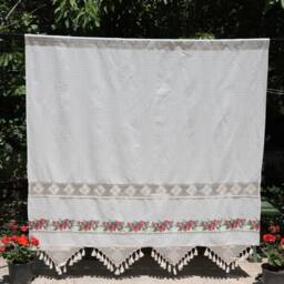 Embroidered Cafe Curtains, Linen Lace Kitchen Curtain Panel, Crochet Tassel Curtain, Floral Farmhouse Drapes, Custom Size Purple Rose - thumbnail 4
