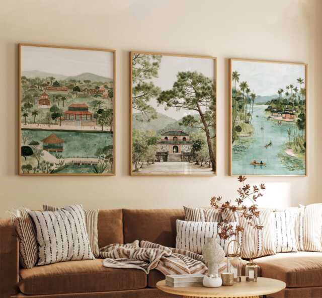 Hue Vietnam Poster Set Of 3, Vintage Inspired Temple Landscape Wall Art, Neutral Asian Travel Prints - image 1