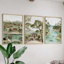 Hue Vietnam Poster Set Of 3, Vintage Inspired Temple Landscape Wall Art, Neutral Asian Travel Prints - thumbnail 3