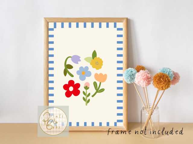 Bright Flower Print With A Striped Blue Border. Perfect For Nursery, Bedroom Or Playroom - Unframed - image 1