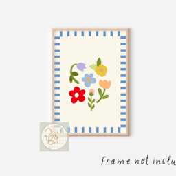 Bright Flower Print With A Striped Blue Border. Perfect For Nursery, Bedroom Or Playroom - Unframed - thumbnail 2