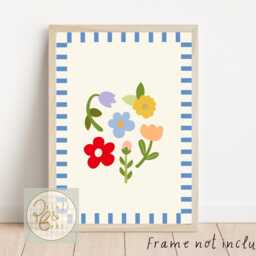 Bright Flower Print With A Striped Blue Border. Perfect For Nursery, Bedroom Or Playroom - Unframed - thumbnail 3