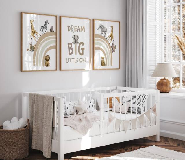 Safari Animal Nursery Prints Beige Rainbow Boho Wall Art, Dream Big - Set Of 3 - image 1