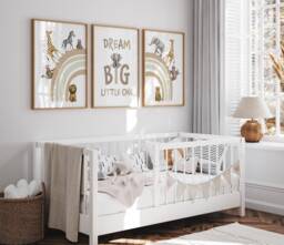 Safari Animal Nursery Prints Beige Rainbow Boho Wall Art, Dream Big - Set Of 3